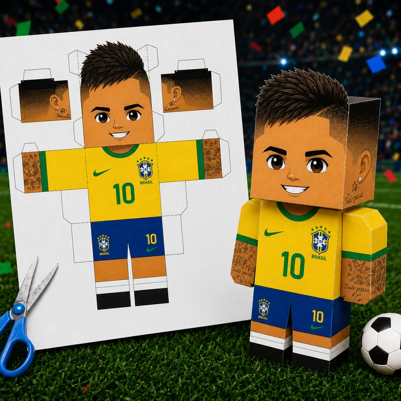 Kit digital FuteCraft: folha impressa com o boneco para recortar e boneco montado da seleção brasileira